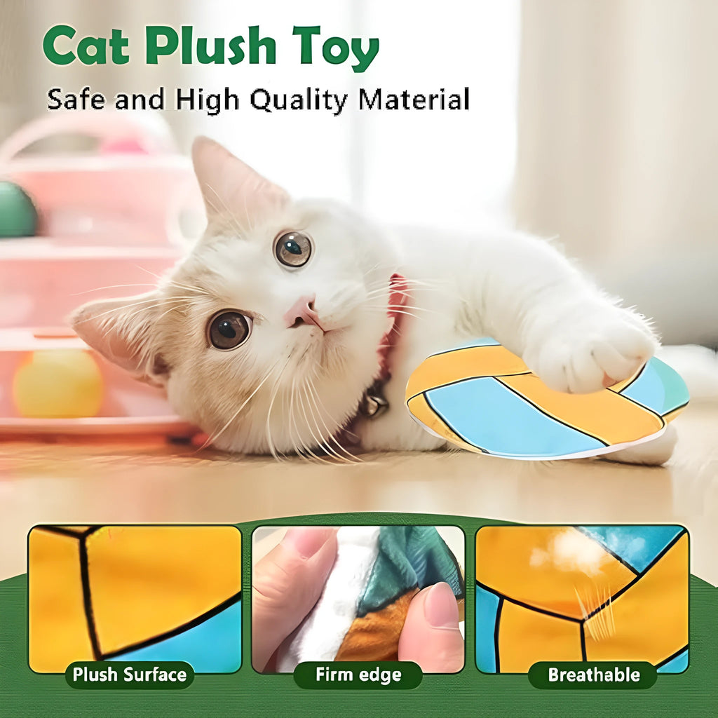 Plush cat flying disc toy with sports ball pattern, containing catnip and crinkle sound.