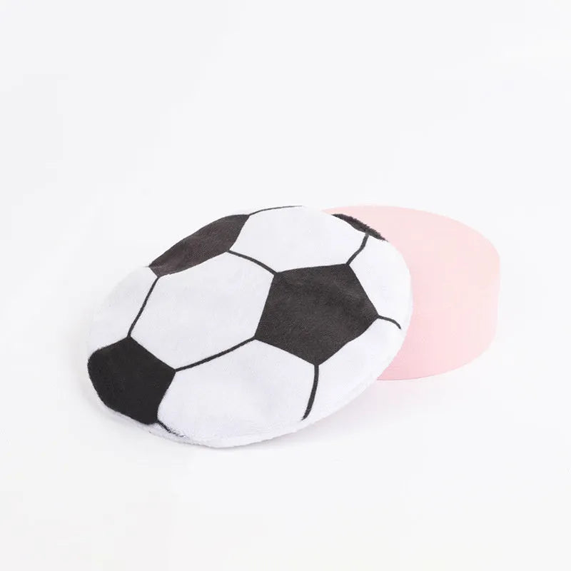Plush cat flying disc toy with sports ball pattern, containing catnip and crinkle sound.