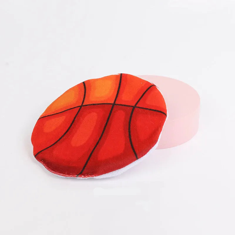 Plush cat flying disc toy with sports ball pattern, containing catnip and crinkle sound.