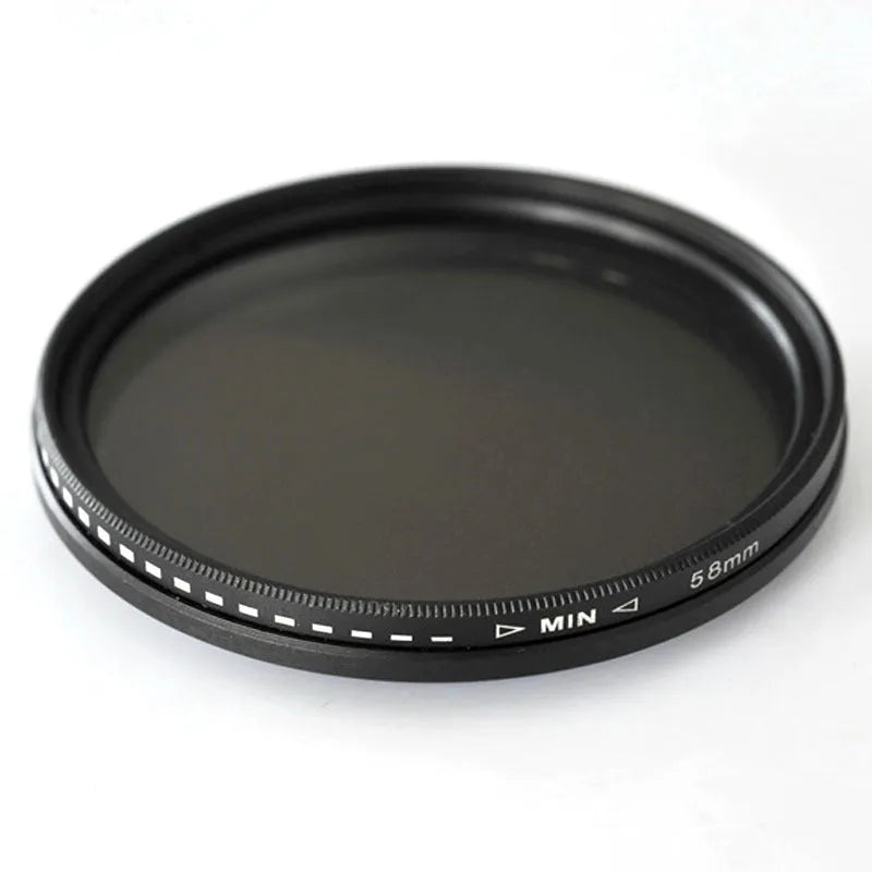Adjustable multi-diameter grayscale ND camera filter for lens threads from 37mm to 95mm.