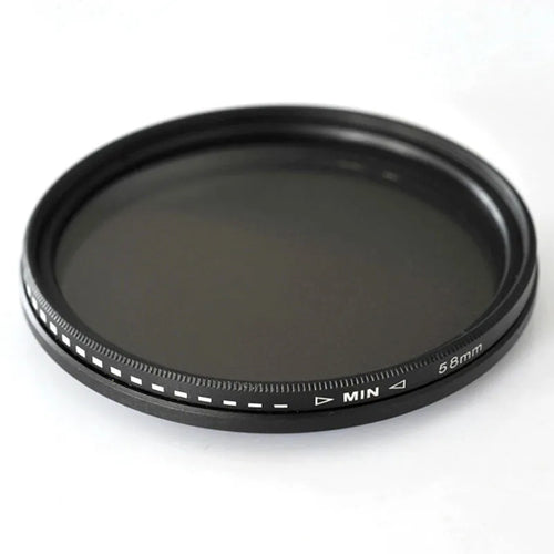 Adjustable multi-diameter grayscale ND camera filter for lens threads from 37mm to 95mm.