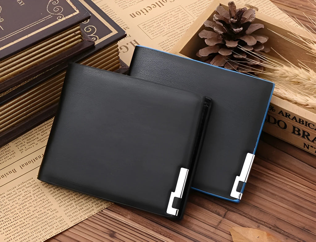 Man wallet PU leather black with blue edge bifold 3 card slots 12cm long 10cm wide