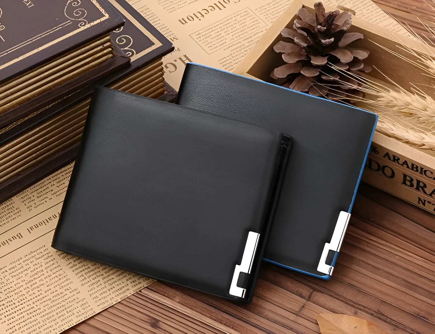 Man wallet PU leather black with blue edge bifold 3 card slots 12cm long 10cm wide