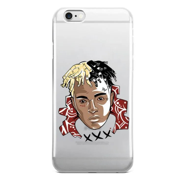 Transparent matte iPhone case with printed XXxtentacion design, shown fitted on a smartphone.