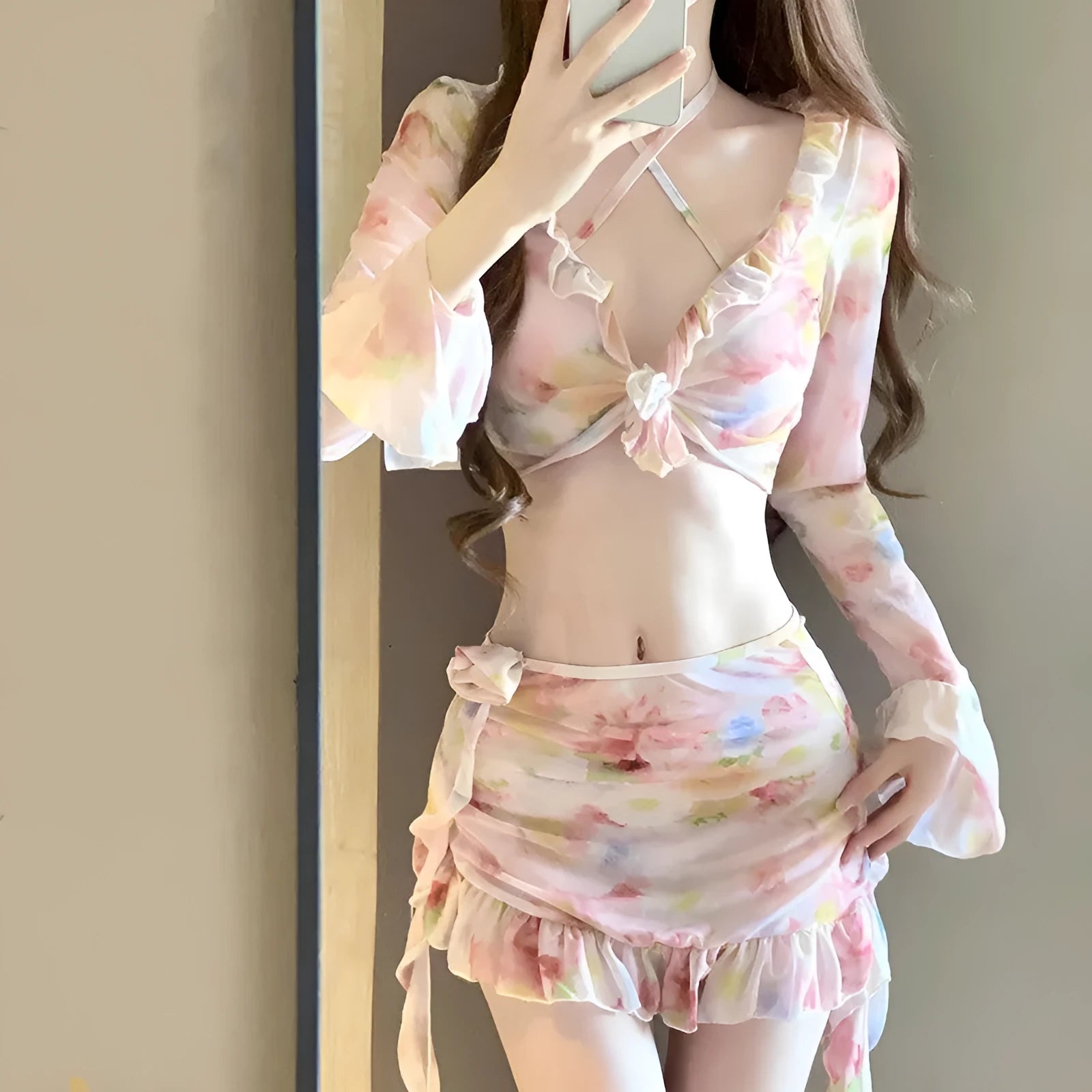 Women's cherry blossom pink floral polyester bikini set for beachwear.