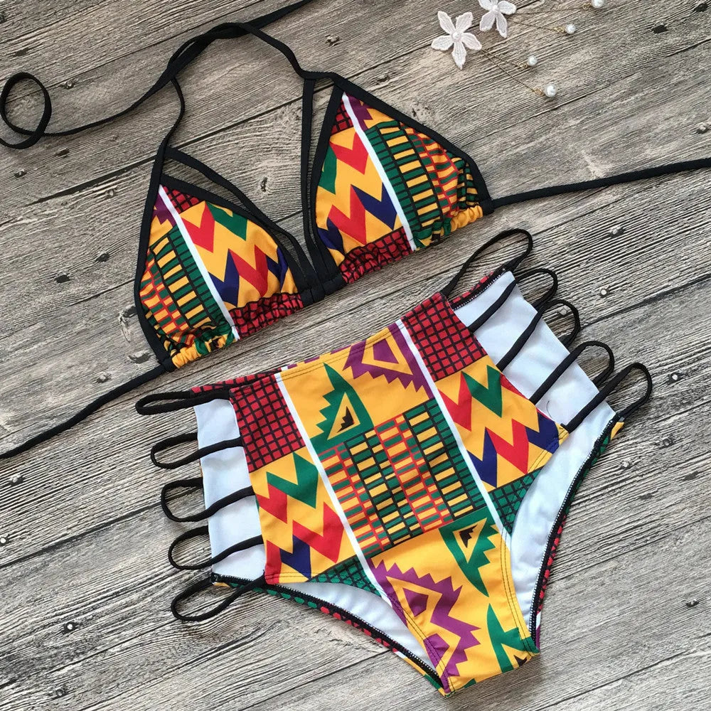 Women's digital print bikini set with high-waisted briefs and backless design