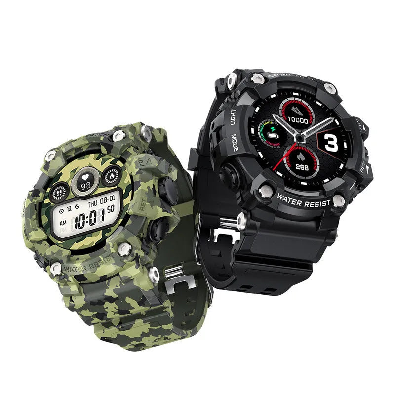 T6 tactical rugged smart watch with 1.3 inch screen in black or green colour on wrist