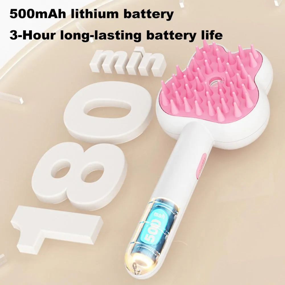 Rechargeable cat steam grooming brush with long handle and rounded brush end in choice of colours