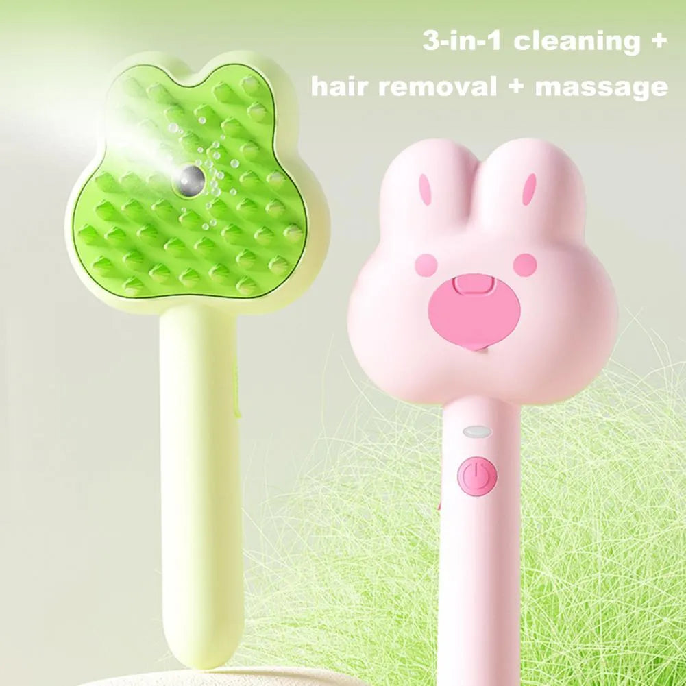 Rechargeable cat steam grooming brush with long handle and rounded brush end in choice of colours