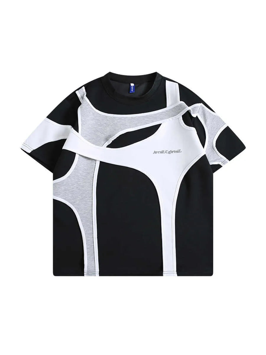 Men's black loose fit t-shirt with round neck, short sleeves, and padded shoulders showing double stitching detail