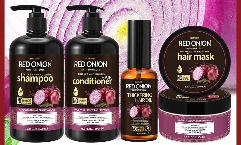 Red onion shampoo conditioner four piece set with hair mask and essential oil bottles