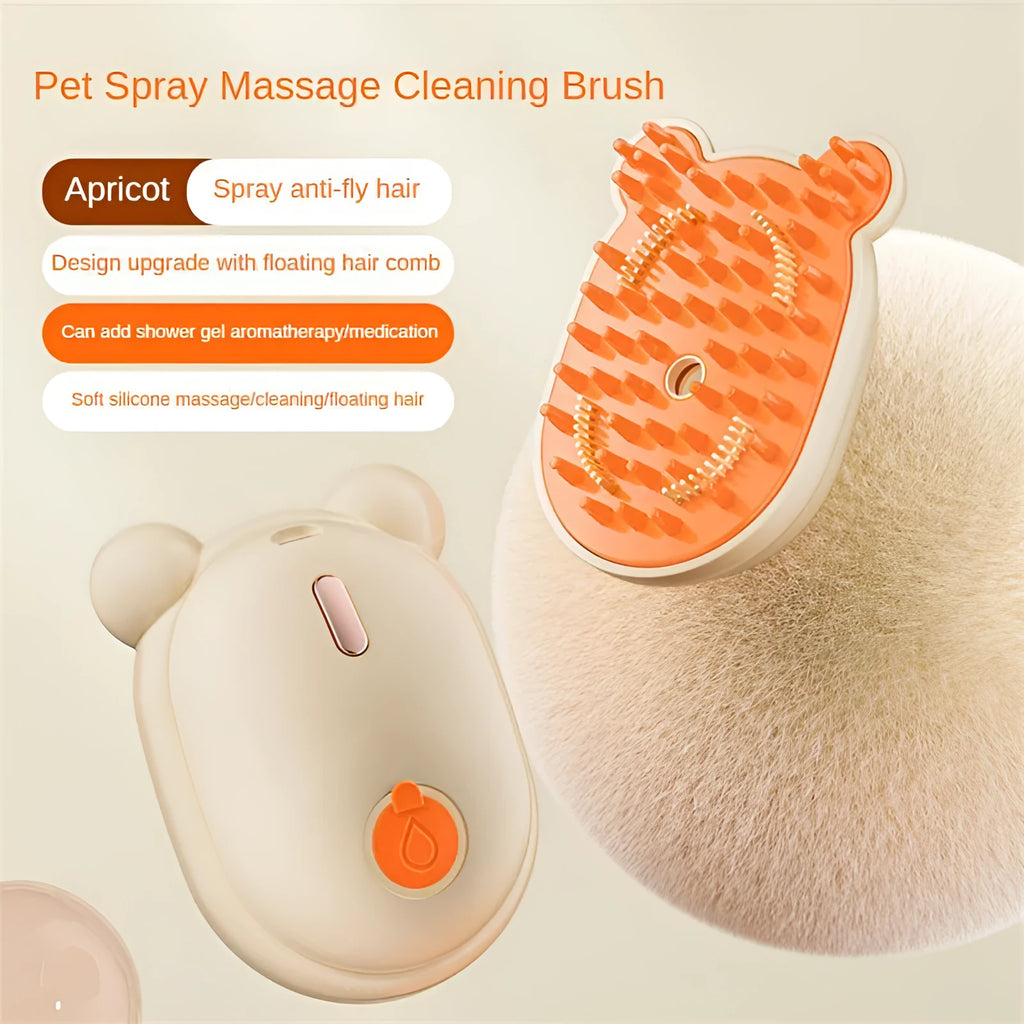 Pink and yellow rechargeable pet grooming brush with spray bottle, soft rubber teeth, and a removable silicone comb.