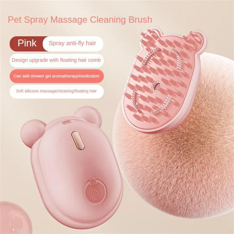 Pink and yellow rechargeable pet grooming brush with spray bottle, soft rubber teeth, and a removable silicone comb.