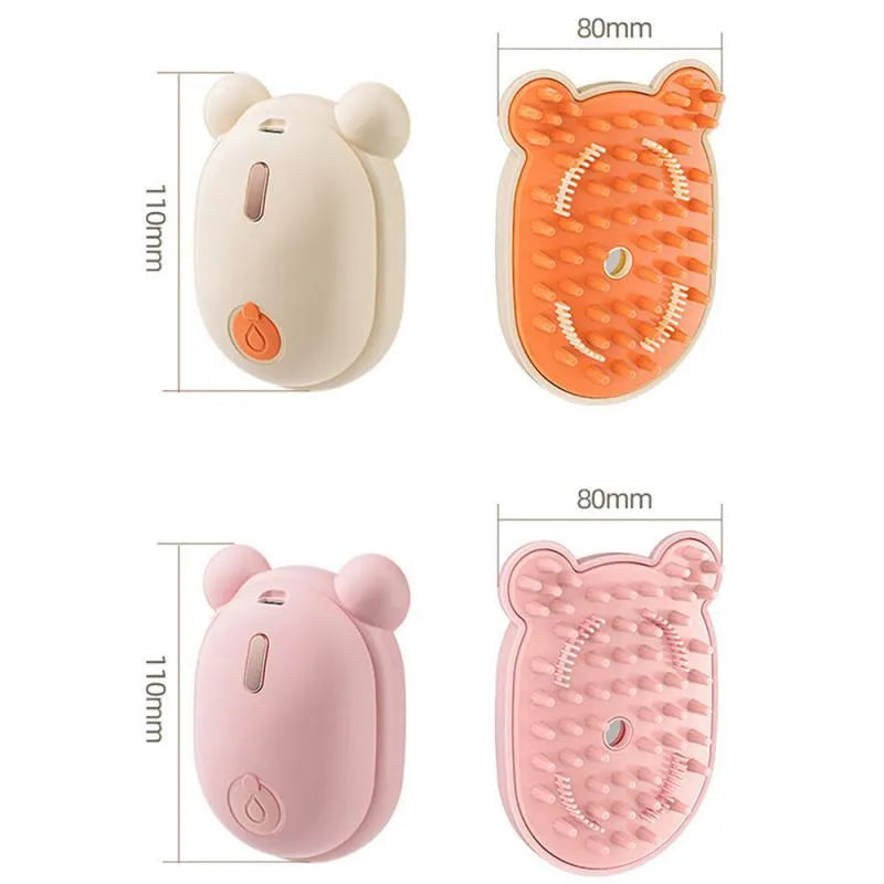Pink and yellow rechargeable pet grooming brush with spray bottle, soft rubber teeth, and a removable silicone comb.