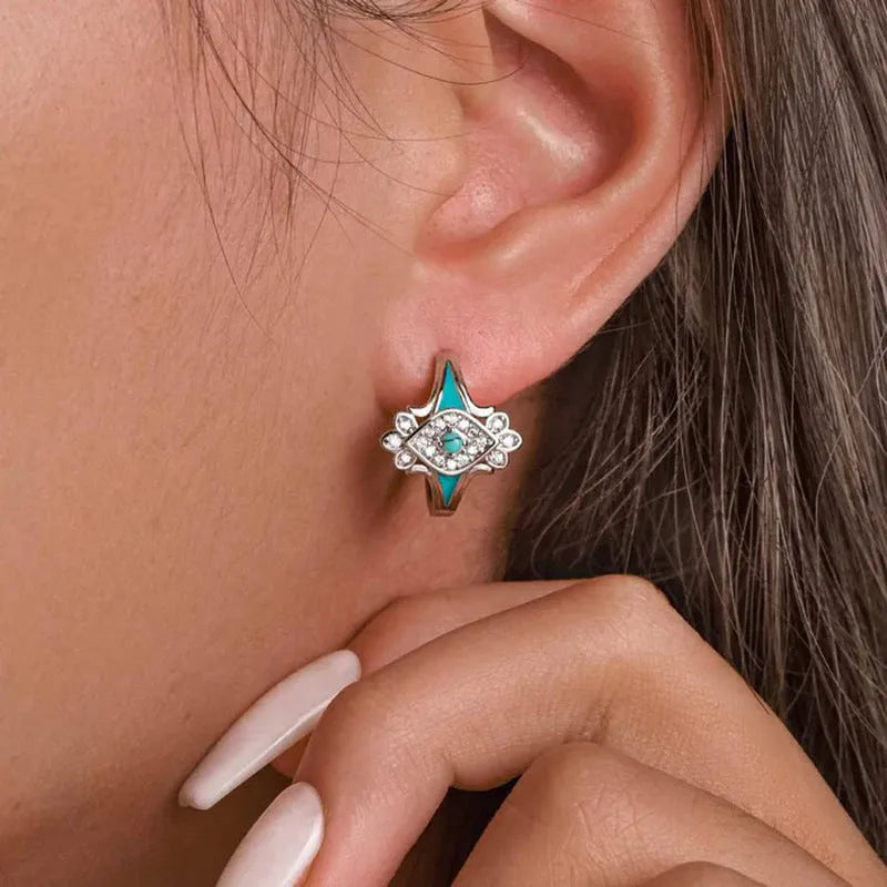 Geometric drop earrings copper inlaid zircon bohemian horse eye round ring white gold colour