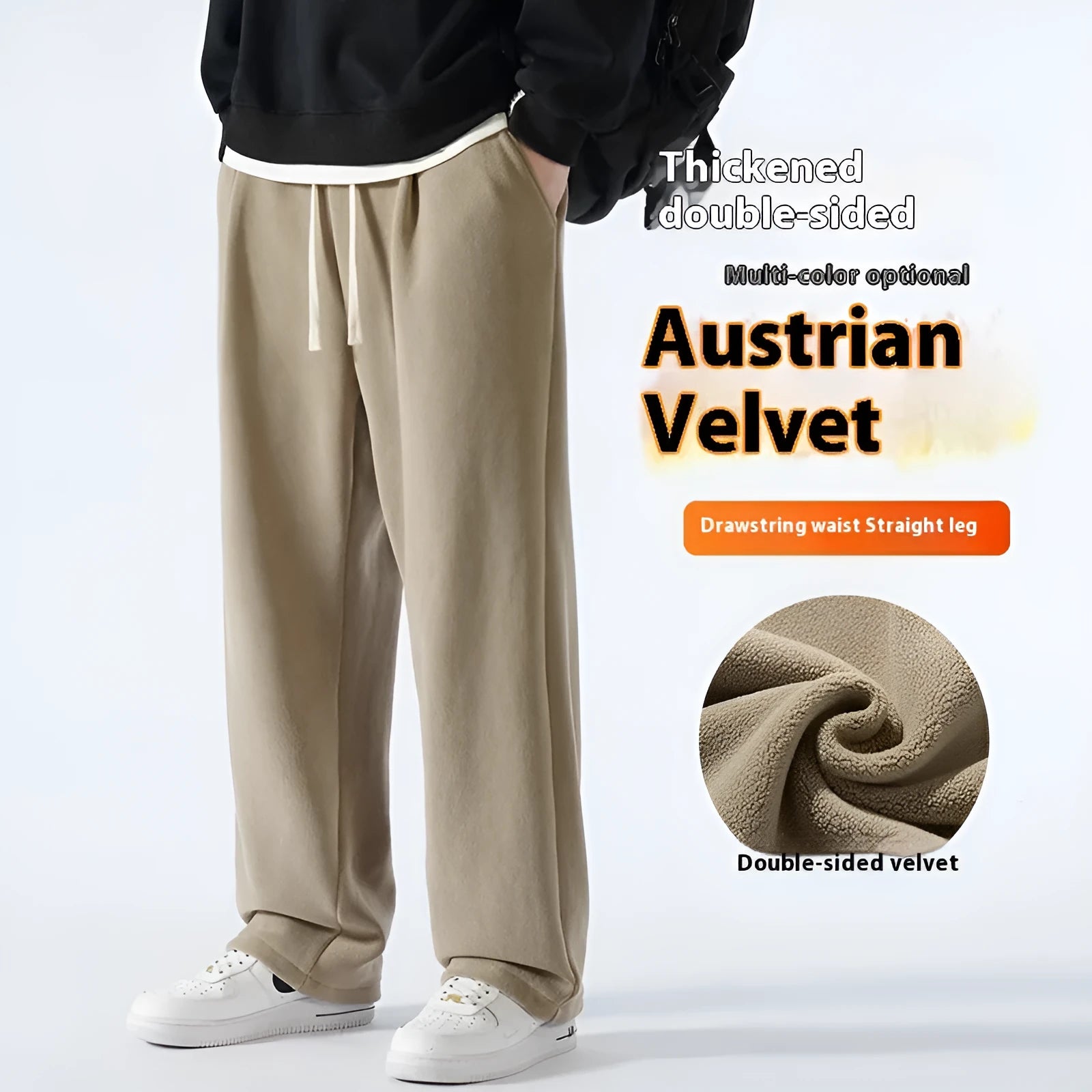 Men's apricot coloured loose-fit polar fleece trousers with a drawstring waistband, shown laid flat.