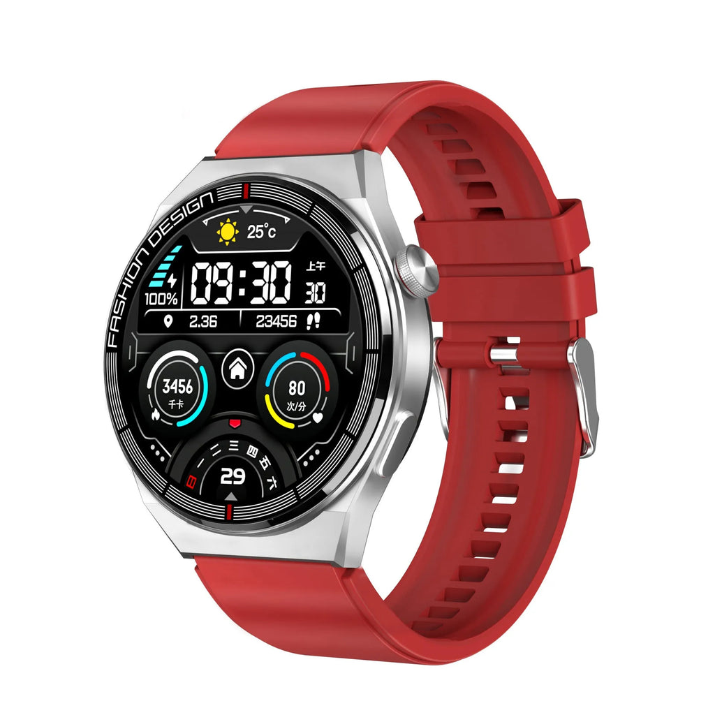 Black smartwatch with 1.28 inch screen on a silicone strap, showing health metrics and call interface.