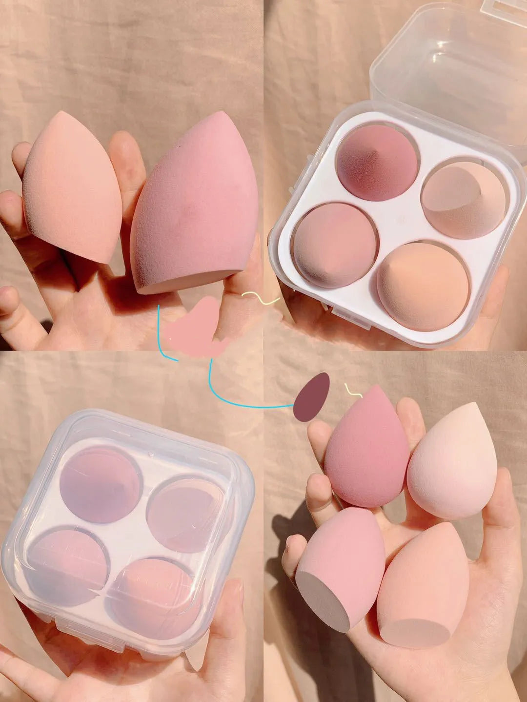 Makeup egg box showing four coloured synthetic sponge applicators: Grape, Mango, Mint, and Peach Peach.