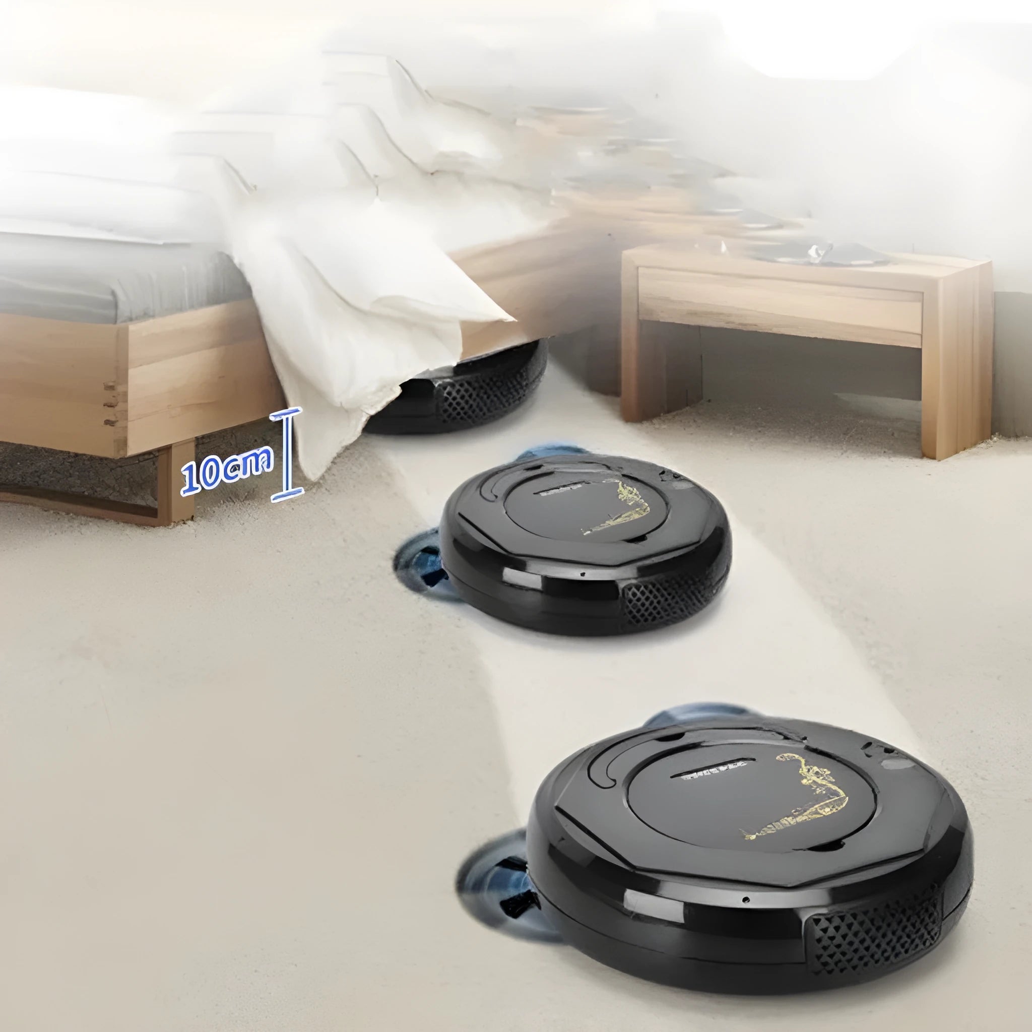 Blue robotic vacuum cleaner on hardwood floor with charging cable and cleaning accessories
