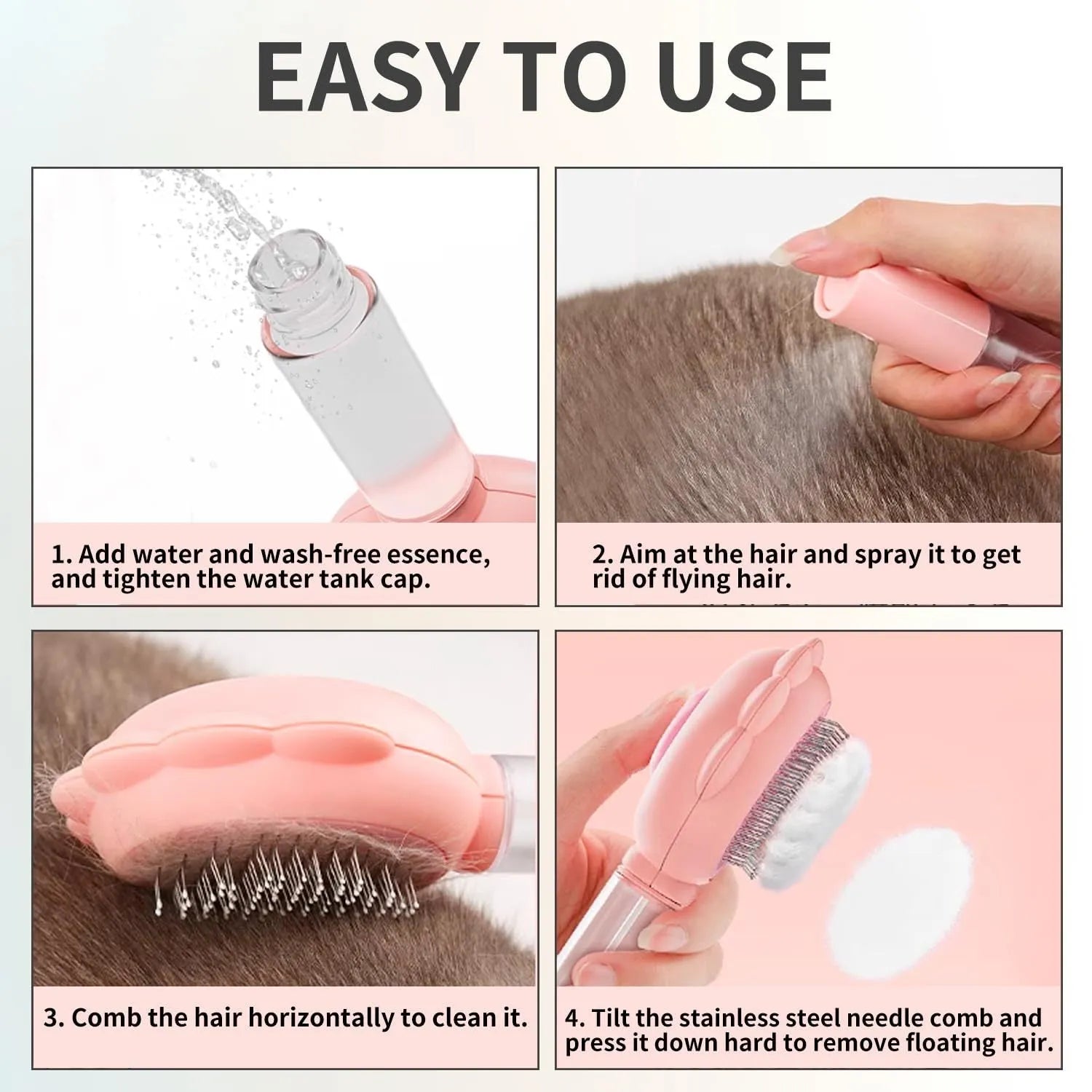 Grey spray cat grooming brush with release button and stainless steel bristles on a white background