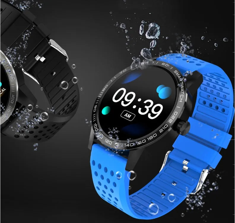 Black and blue smart bracelet with colour screen showing heart rate and fitness data