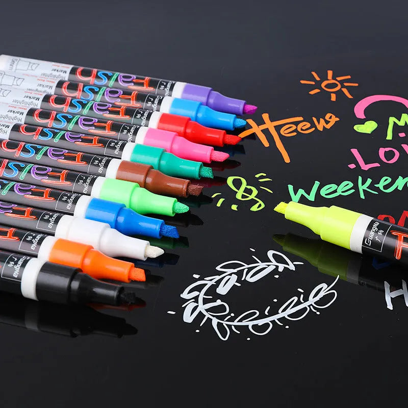 Set of 8 refillable fluorescent board highlighters with oblique 6mm tips, shown on card packaging.