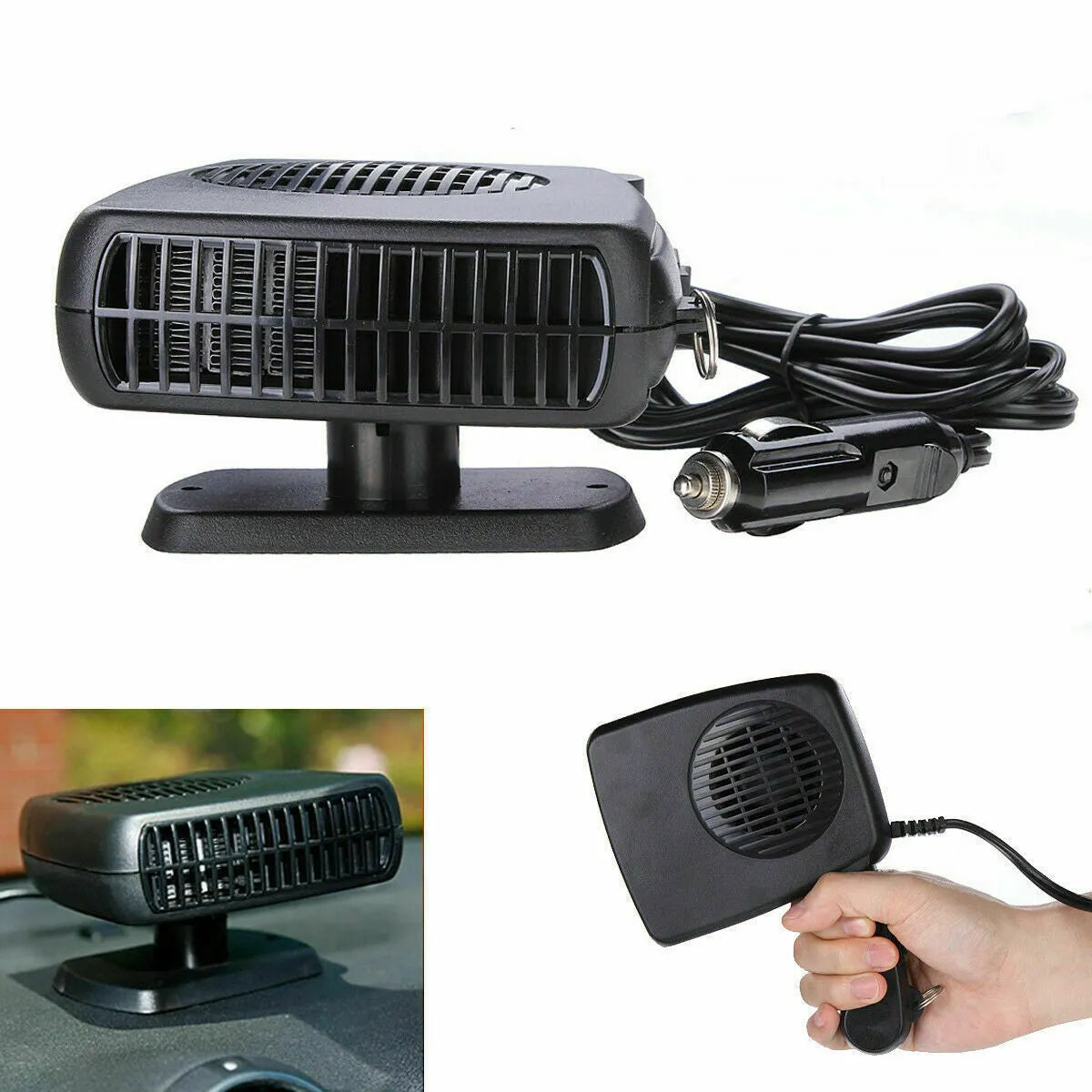 Portable 12V/24V car heater fan, black ABS, windscreen demister defroster with 360-degree rotation, compact size 13 x 11 x 4 cm.
