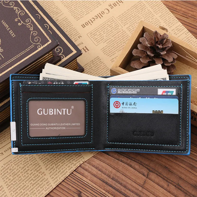 Man wallet PU leather black with blue edge bifold 3 card slots 12cm long 10cm wide