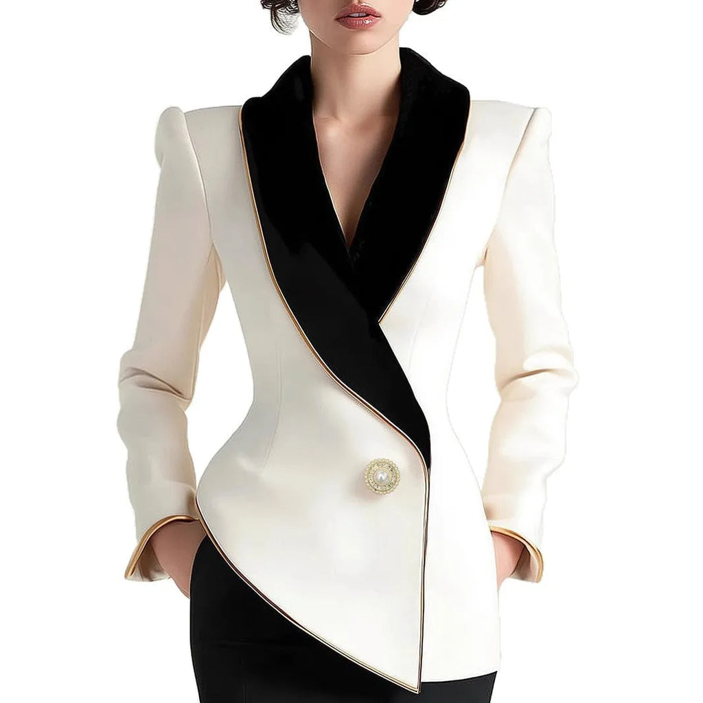 Milky white women's long sleeve coat with golden edge trim and pearl buttons