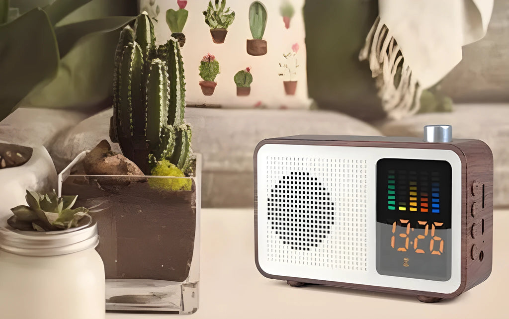Brown retro Bluetooth speaker with FM radio in wooden cabinet vintage design