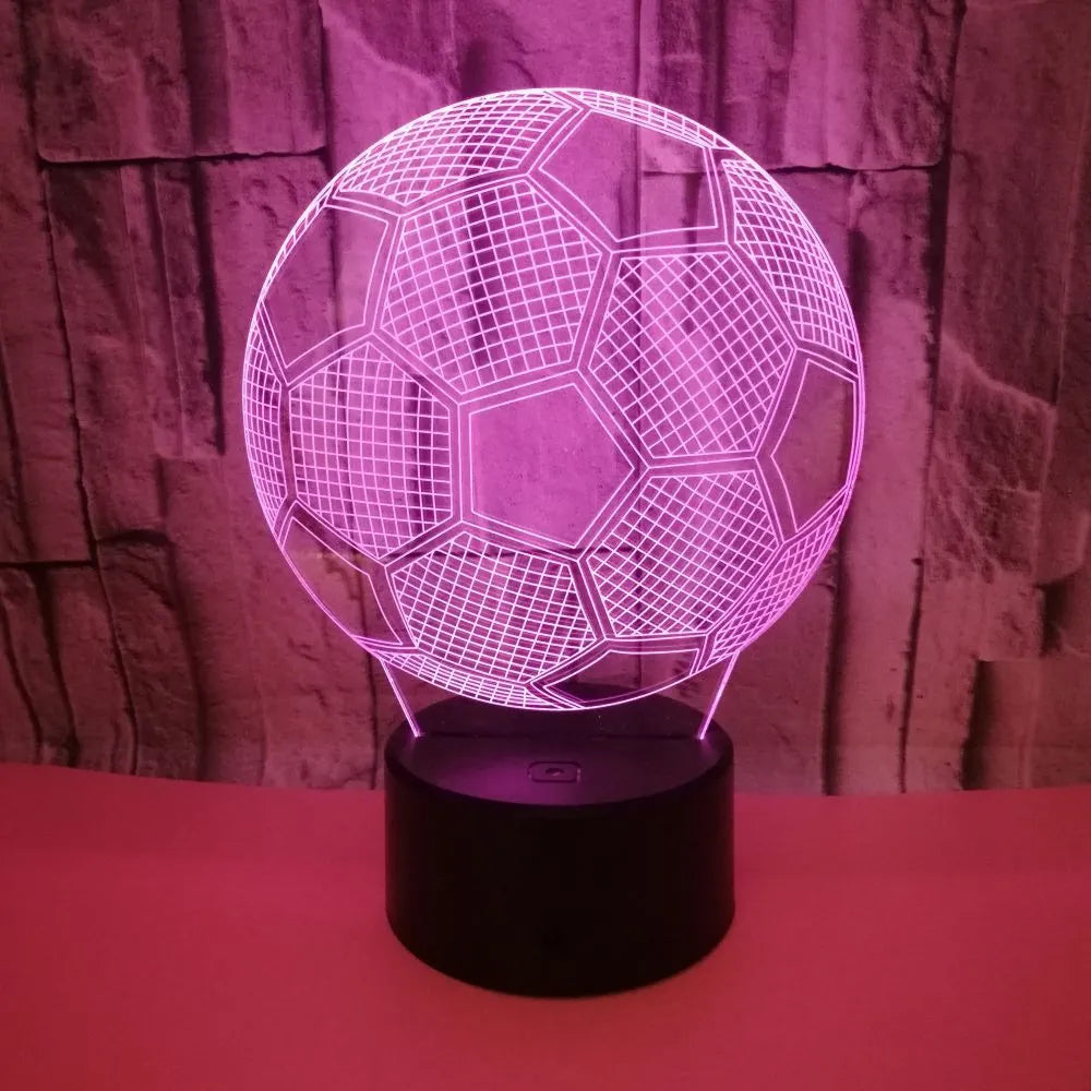 3D football-shaped night light with colourful LED illumination on an ABS base.