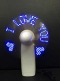 White handheld fan with LED lights displaying I Love You pattern in blue and red colours