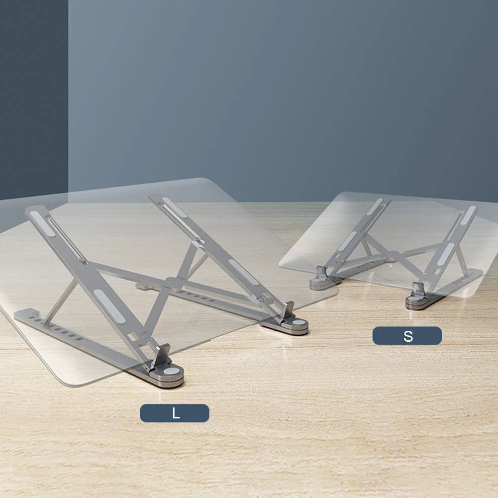 Foldable aluminium laptop stand in silver showing adjustable height mechanism and compact folded size