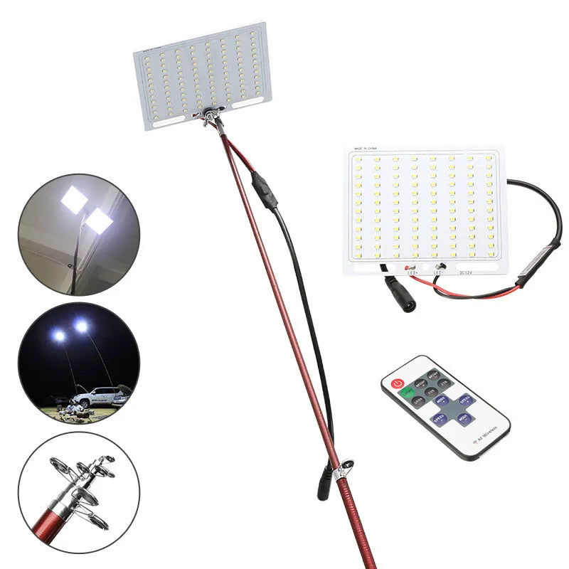 LED fishing rod light with telescopic pole showing 96 white LEDs and remote control