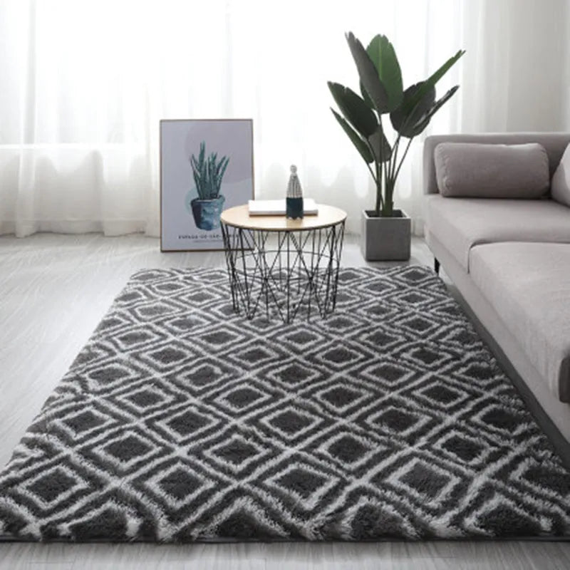 Long hair tie-dyed gradient polyester carpet in a living room setting showing soft texture and colour transition