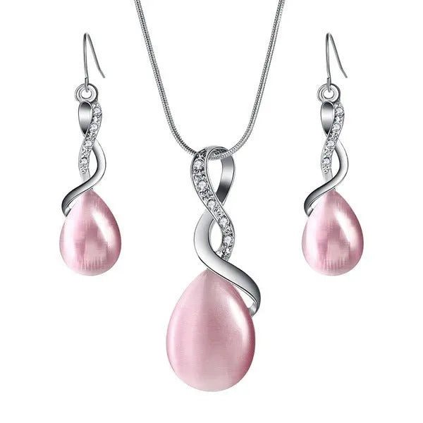 Fashion opal and cubic zirconia jewellery set with water drop pendant necklace and matching drop earrings