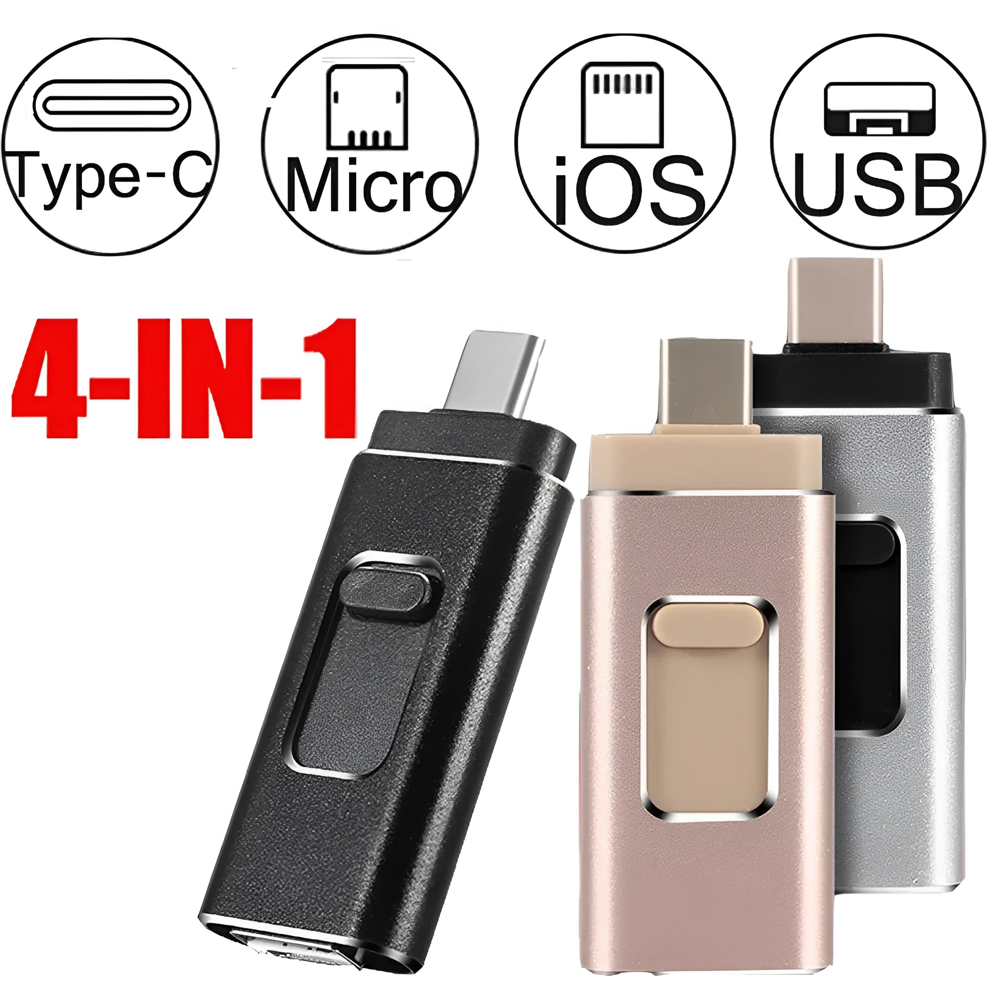 4-in-1 flash drive stick for iPhone Android Type-C USB in black, gold, rose gold, and silver finish