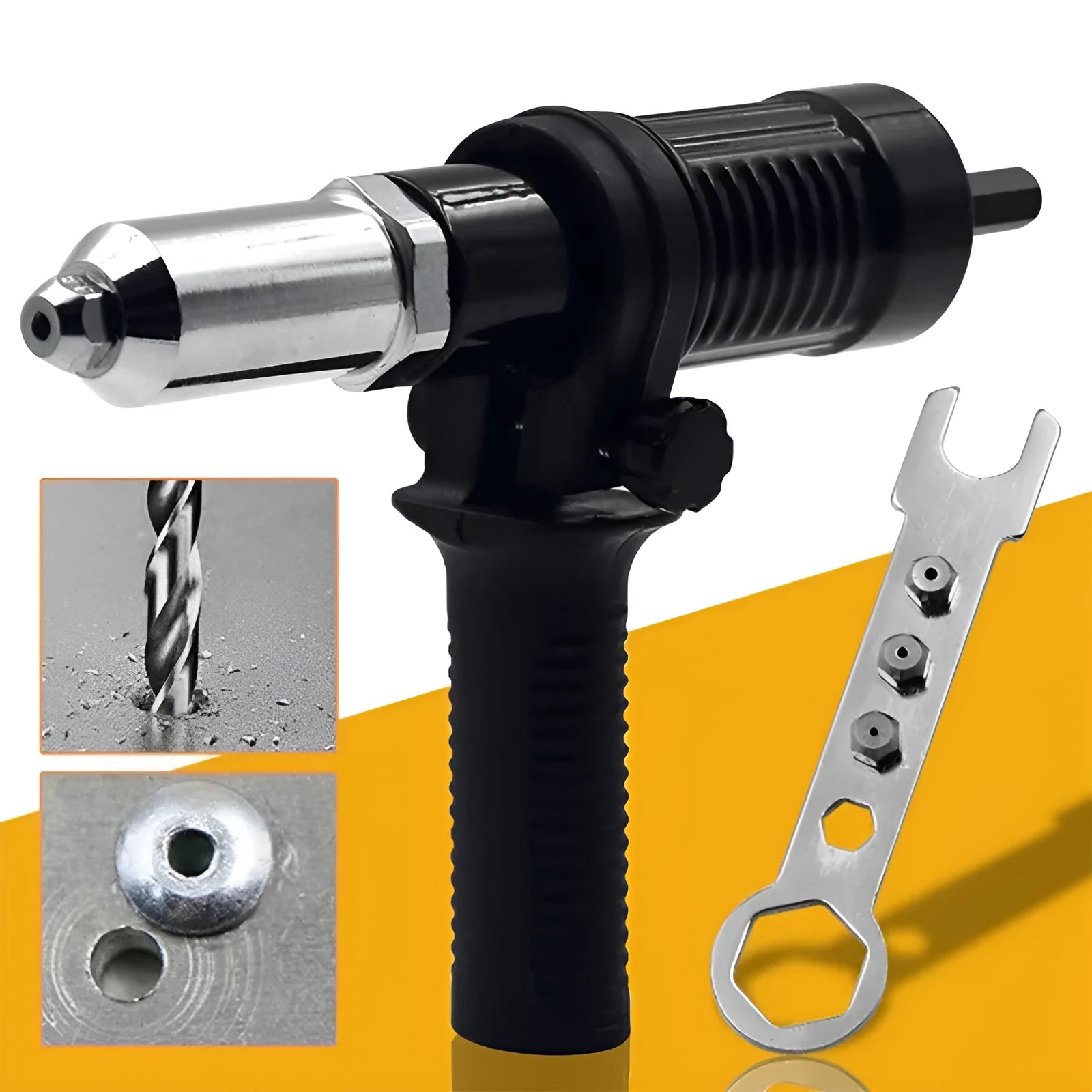 Black electric drill rivet gun with alloy steel head and 173mm length for metal working