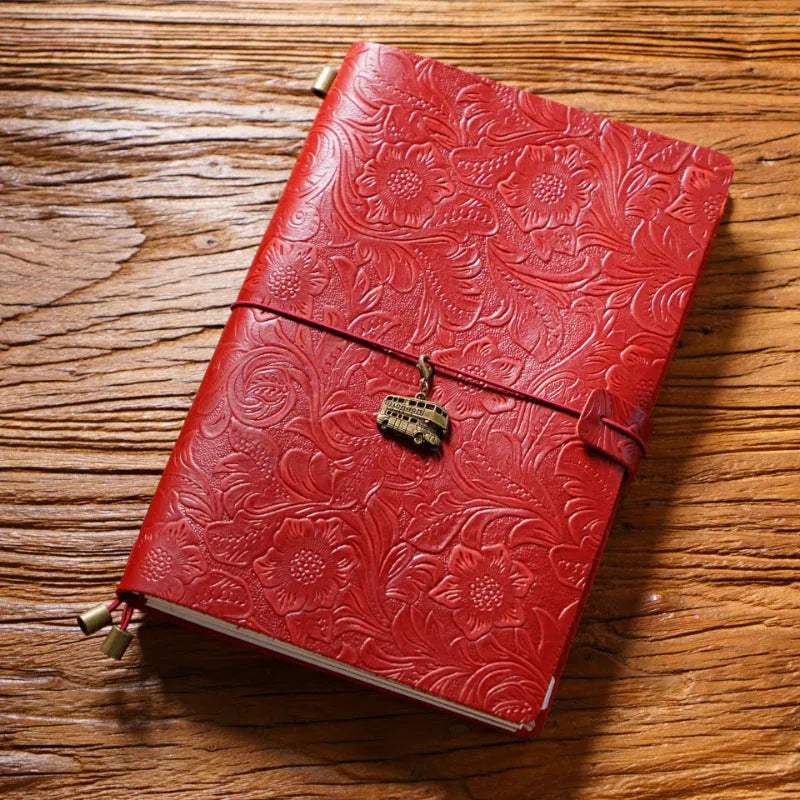 Creative vintage engraving cowhide travel notepad in black A5 size with genuine leather cover