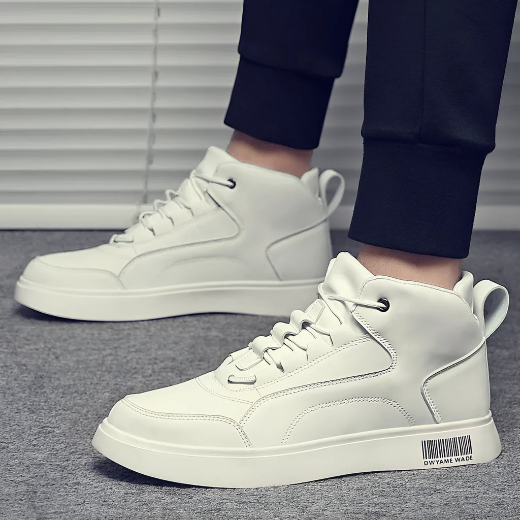 Men's white mid-top casual sports shoes with rubber sole and lace-up front