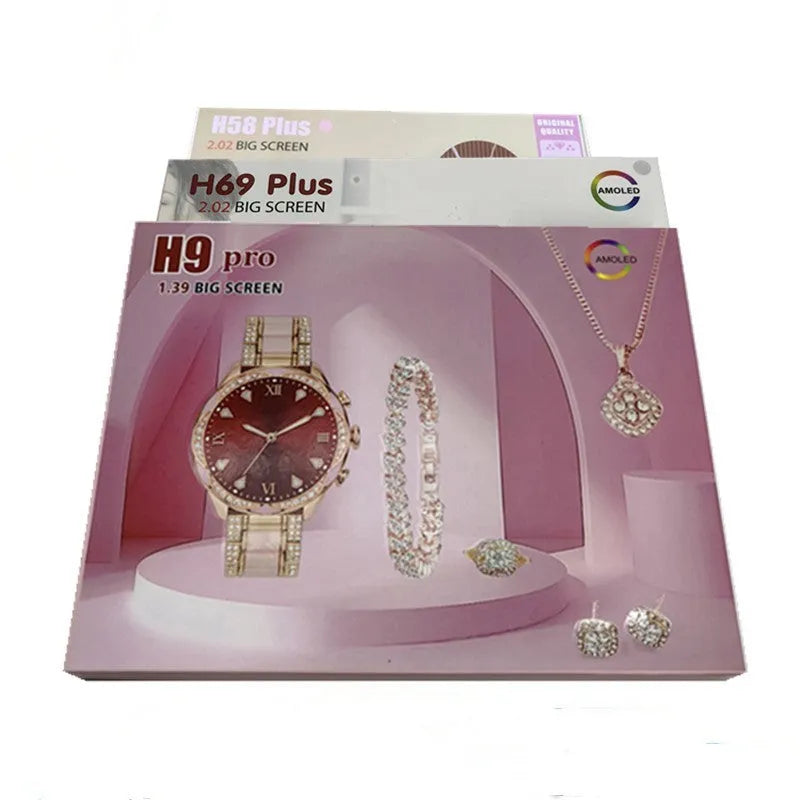 H58H69Plus women's smartwatch with diamonds suit, touch screen, aluminium alloy rectangle dial, black finish