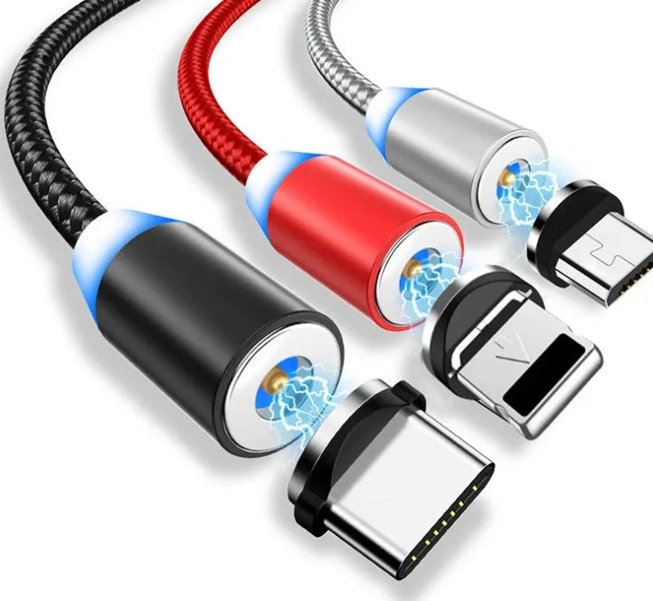 YBD magnetic LED charging cable with cotton braided cord and aluminium connectors in black