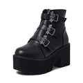 Black women's Harajuku punk Martin ankle boots with bat buckle and chunky heel.