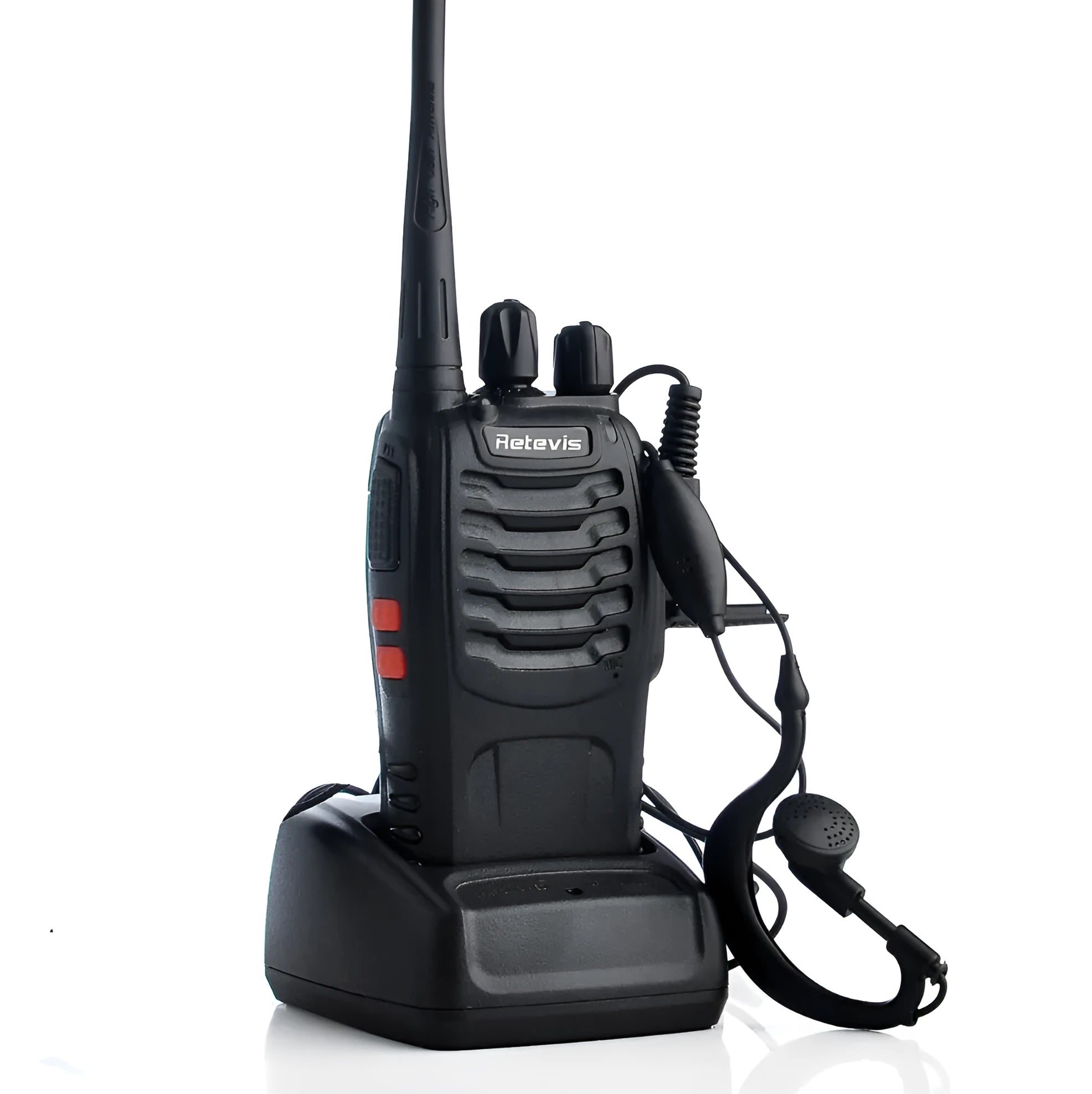 Black civil walkie talkie with antenna, 60x33x115mm dimensions, single band UHF 400-470MHz