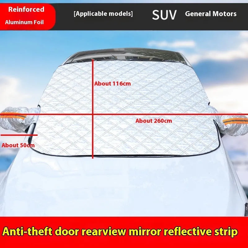 Large Luxury aluminium foil winter car cover with reflective stripes and magnets for SUV windshield frost protection.