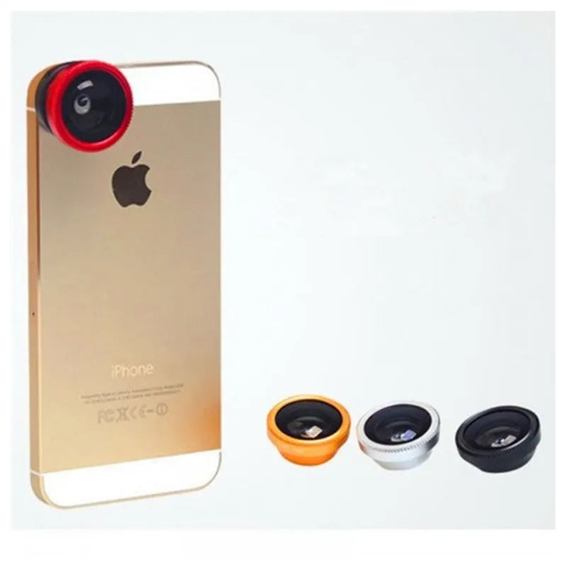 3-in-1 mobile phone lens kit with fisheye, wide angle and macro lenses in aluminium housing