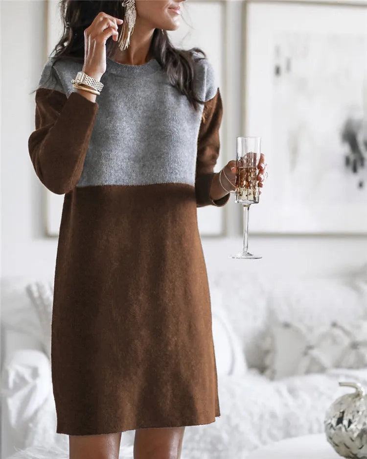 Brown polar fleece patchwork dress with long sleeves and round neck collar