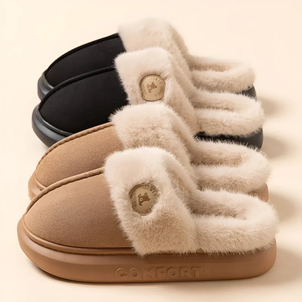 Thick-soled fleece winter slippers in various colours with decorative car stitching