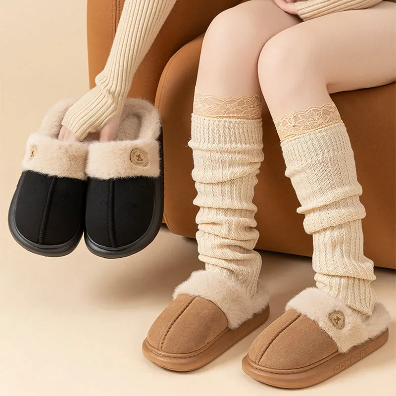 Thick-soled fleece winter slippers in various colours with decorative car stitching