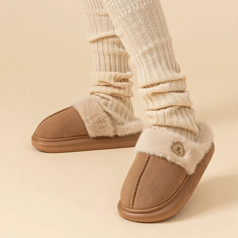 Thick-soled fleece winter slippers in various colours with decorative car stitching
